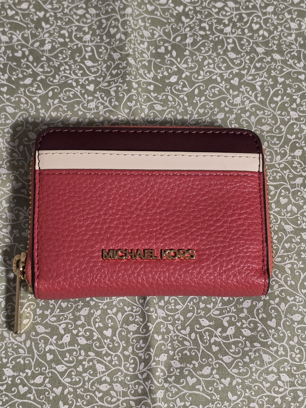 Michael Kors Pink and Burgundy Leather Zip Card Case